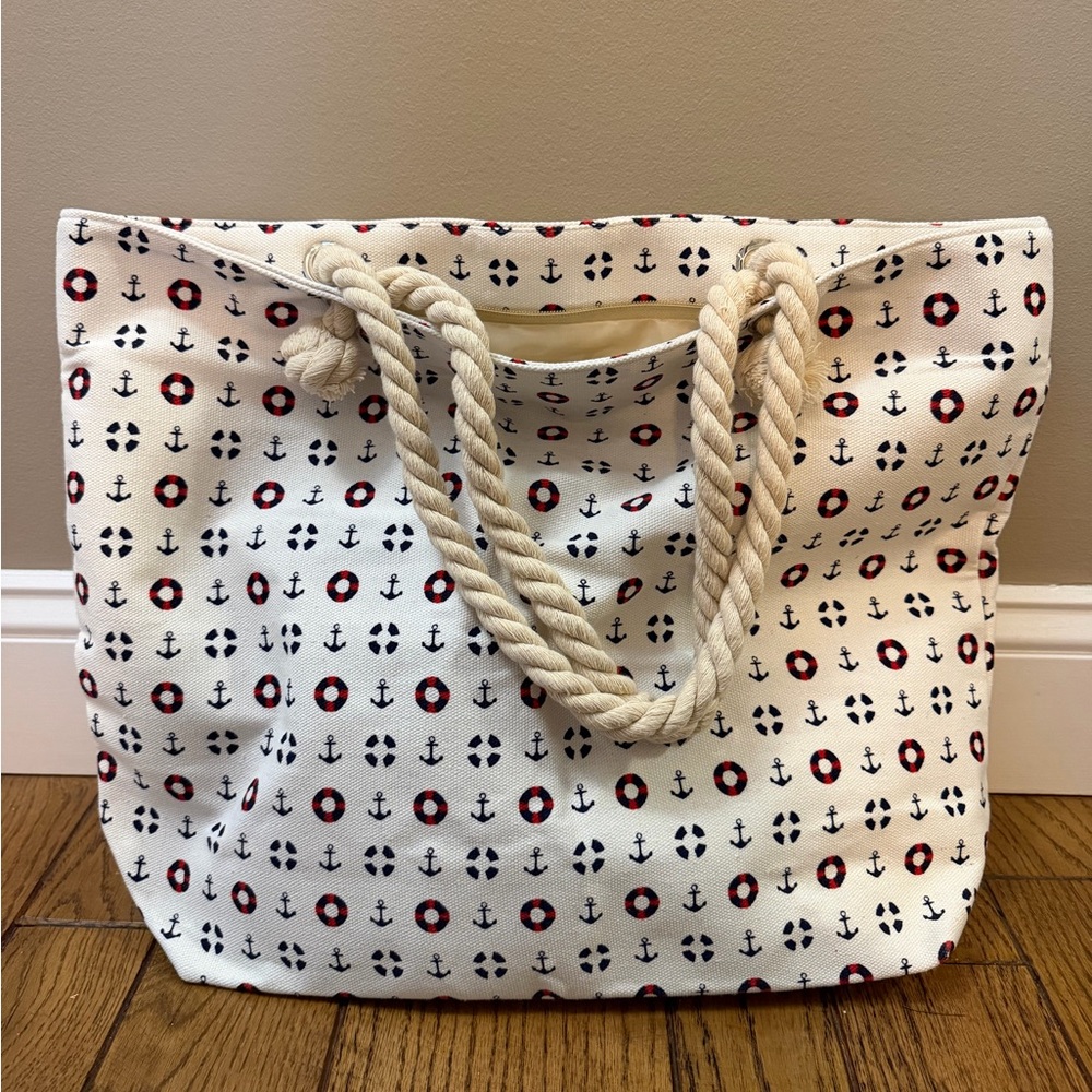 Nautical Print Tote Bag with Rope Handles
